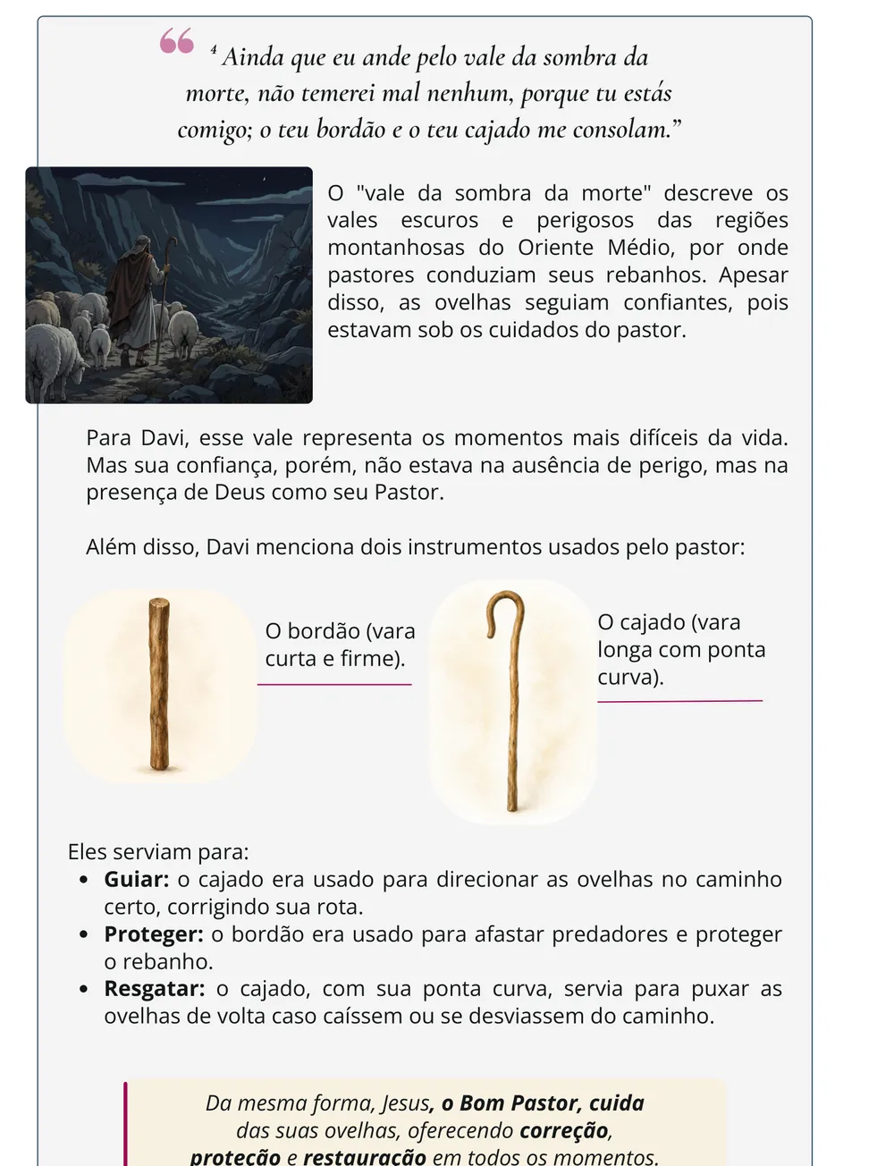 Página sobre o Salmo 23 explicando o vale da sombra da morte, o bordão e o cajado