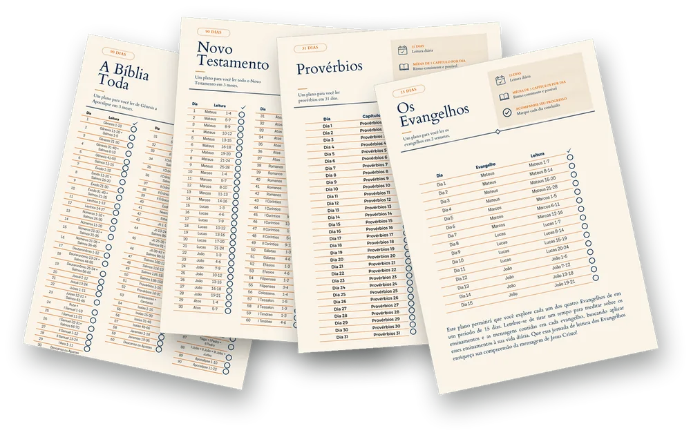 Páginas dos planos de leitura A Bíblia Toda, Novo Testamento, Provérbios e Os Evangelhos, com checklist diário